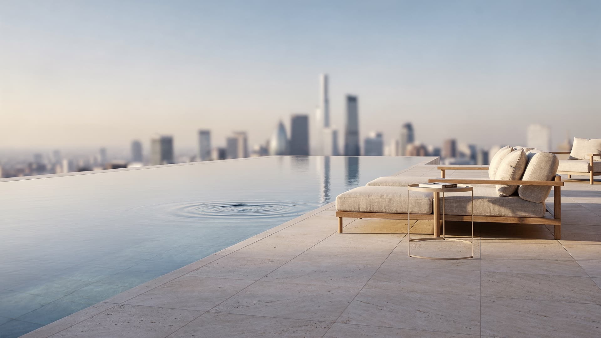 Rooftop exclusif au crépuscule avec piscine et vue sur le skyline